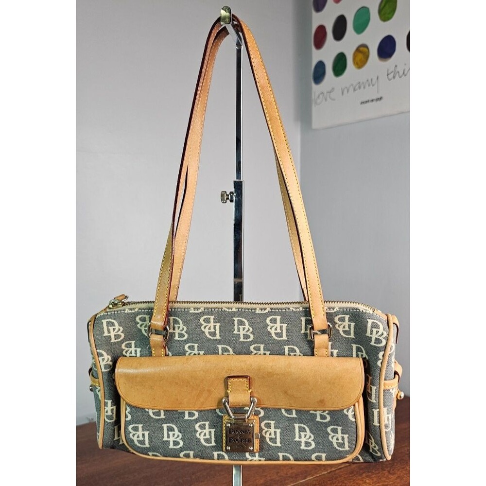 Dooney & Bourke Signature Collection Barrel Satchel Bag Tan Leather Grey Fabric